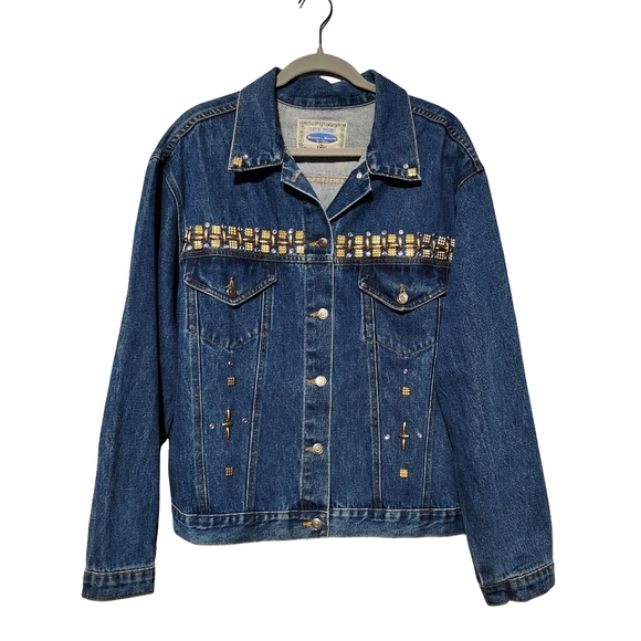 BOOM BOOM Womens Denim Jacket XL Blue Studded Western Y2K - Picture 2 of 9